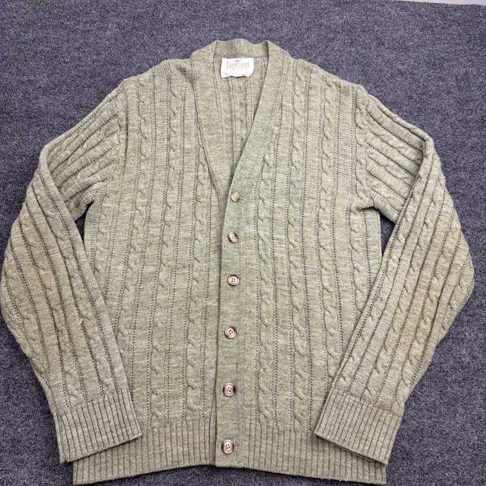 Vtg Jantzen Cardigan Sweater Men's Large Cable Knit Green Grandpa Shetland Wool